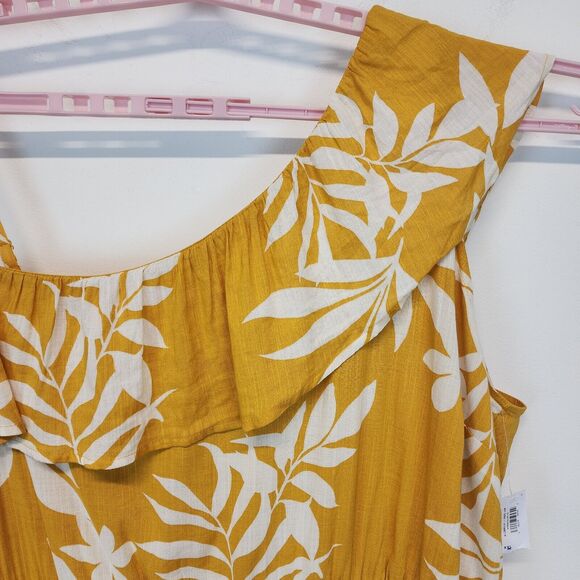 Old Navy Floral Midi Dress Size 2X Yellow One Ruffle Shoulder Tropical Breezy - Picture 9 of 16